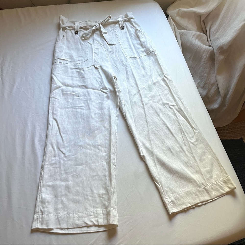 BEAU‎ DAWSON white linen rayon blend belted wide leg cropped pants